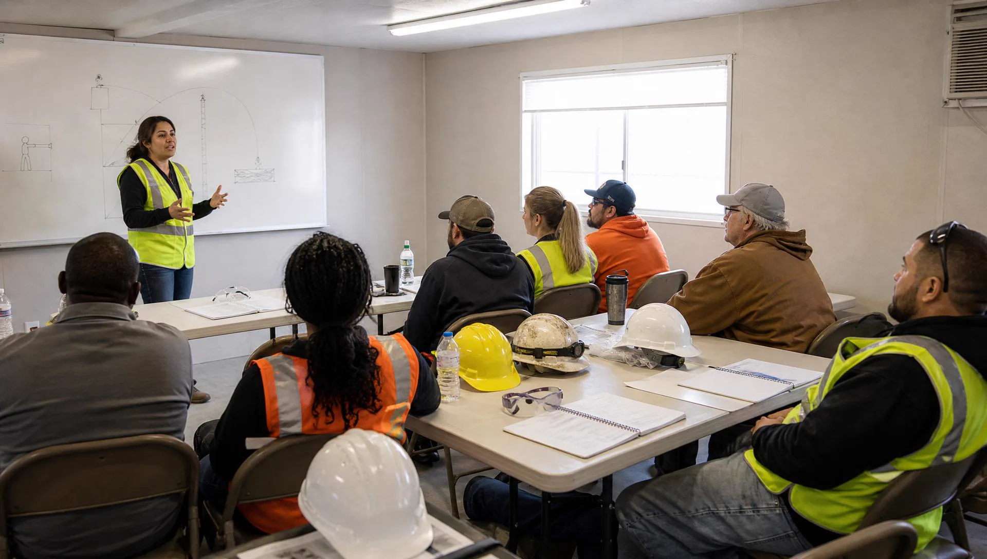 Corporate safety training session with a diverse team reviewing site plans on a construction site