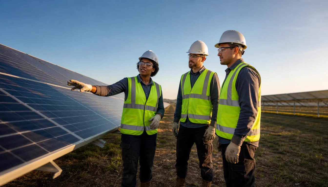 Solar technician instructing crew members beside a photovoltaic panel at a utility-scale solar farm