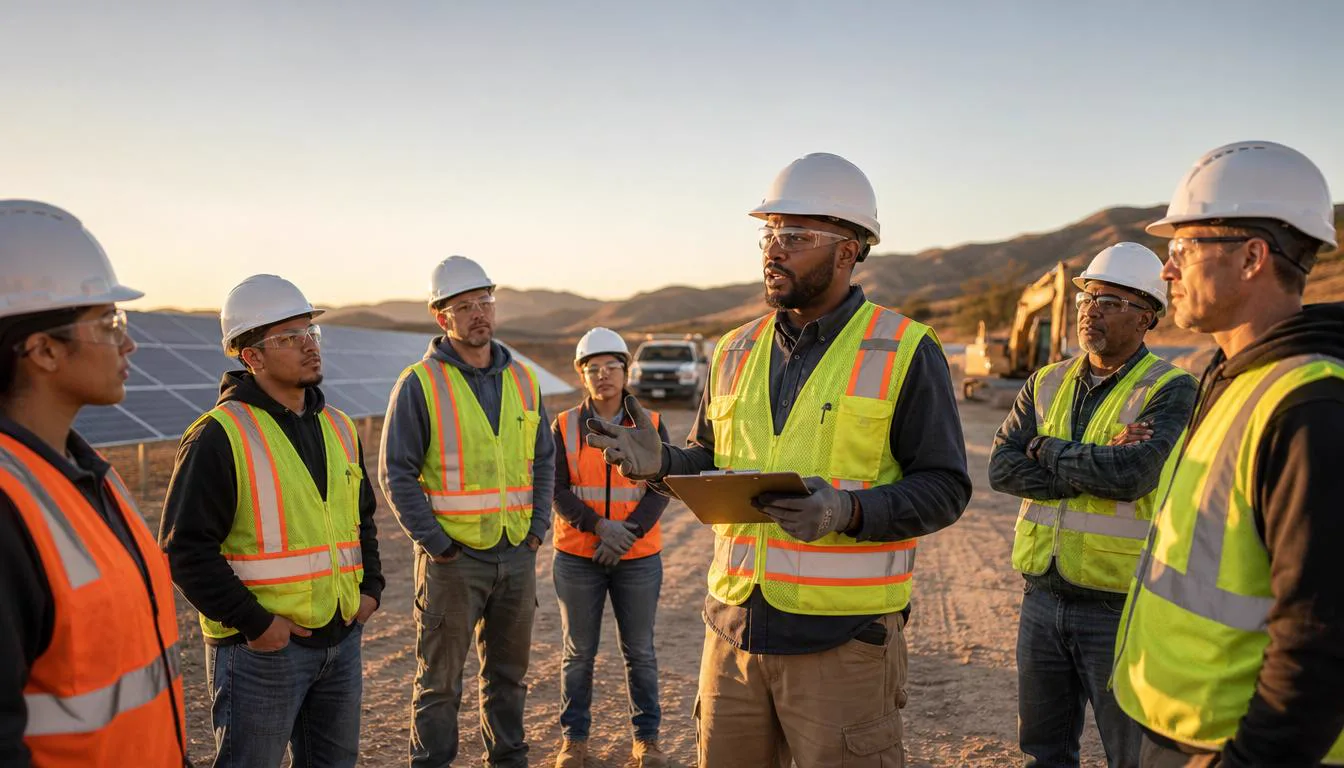 Diverse construction and solar crew on a utility-scale jobsite led by a safety instructor in full PPE